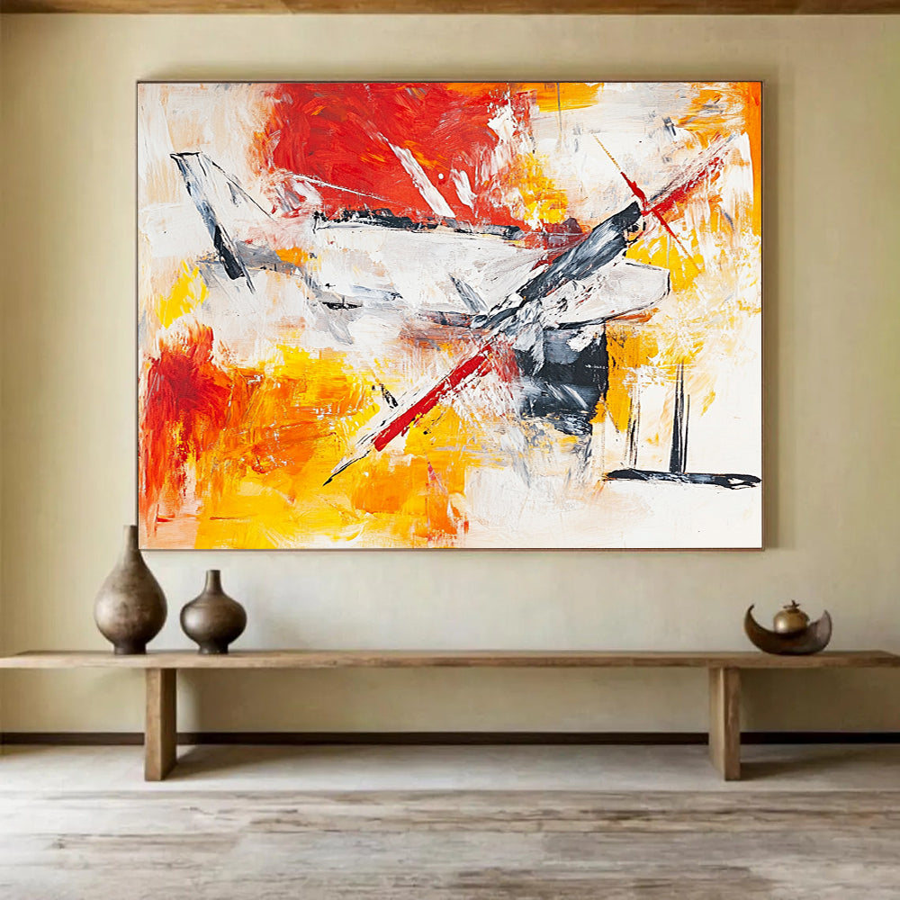 “Dynamic Aircraft Abstract” - Red, Yellow, White, Gray with Energetic Strokes - Painting On Canvas HB1371