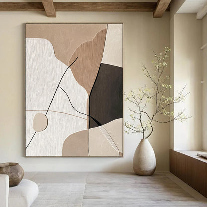 Contemporary abstract artwork featuring minimalist Japandi design with string and paper shapes on a beige background, accented with black and thick lines. DLZ1620