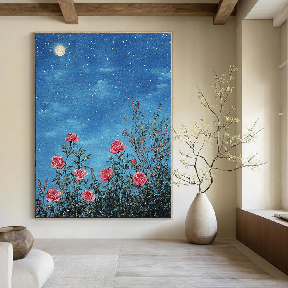 Contemporary abstract art featuring pink roses under starry skies detailed in soft pastels with a vintage touch and intricate lace design. DLZ1254