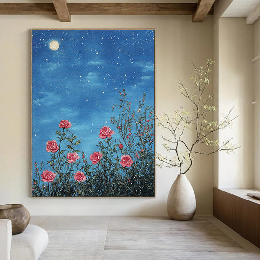 Contemporary abstract art featuring pink roses under starry skies detailed in soft pastels with a vintage touch and intricate lace design. DLZ1254