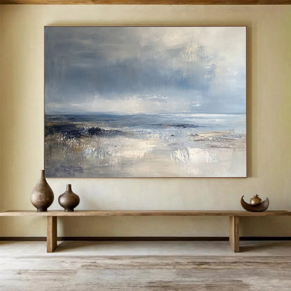 “Textured Coastal View” - Blue, Gray, Beige, Layered Seascapes and Dynamic Skies Painting On Canvas HB0921