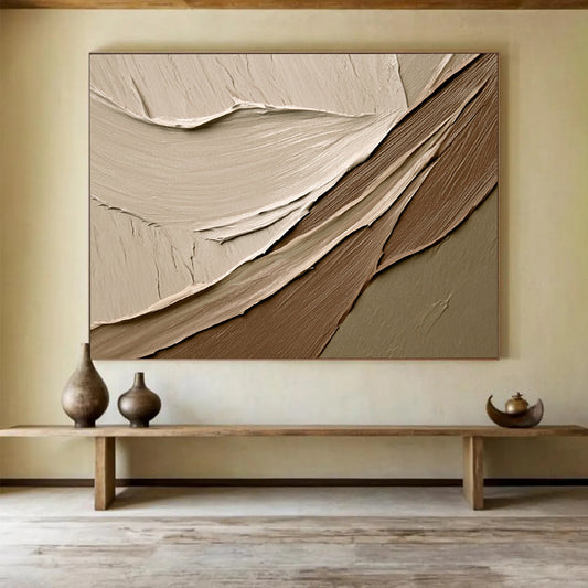 “Neutral Textured Waves” - Beige, Brown, Gray, Smooth Plaster - like Layers - Mixed Media HB1633
