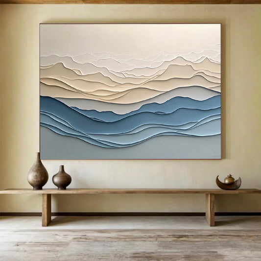 “Layered Mountain Waves” - Beige, Blue, Gray, Layered Wavy Mountain - Textured Relief Art HB1776