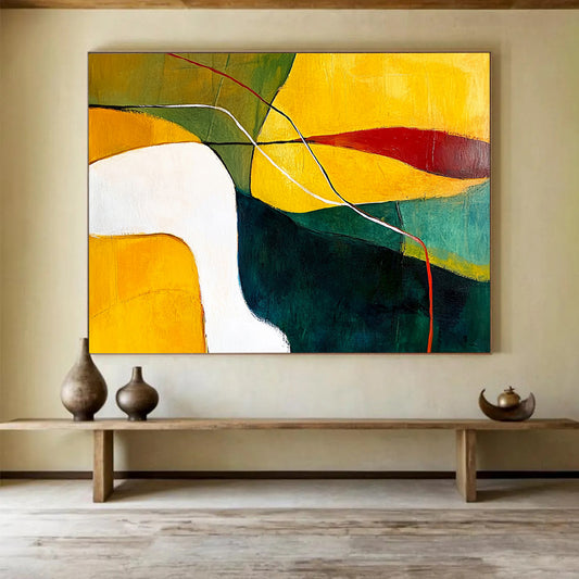 “Colorful Geometric Flow” - Yellow, Green, Red, Geometric Shapes and Lines Painting On Canvas HB0954