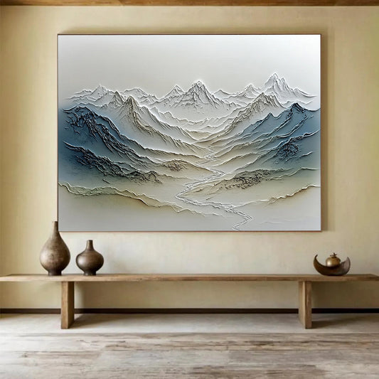 “Textured Mountain Range Relief” - Gray, Blue, Beige, Textured Landscape Painting On Canvas HB0774