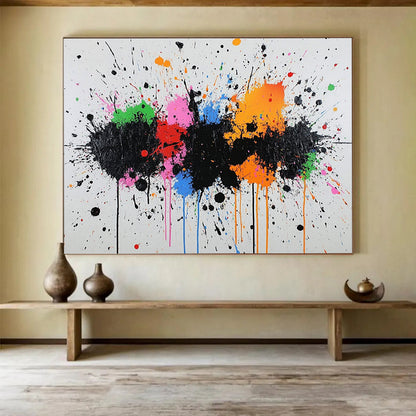 “Color Splash Carnival” - Black, rainbow splatters; Energetic paint splatters on white; Abstract Expressionist Acrylic Painting On Canvas HB1171