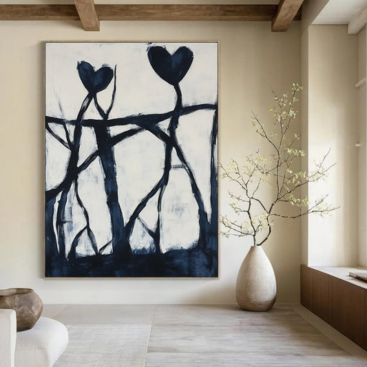 Contemporary hand-painted abstract artwork featuring dynamic black shapes, intricate patterns, and bold hearts against a pure white background. DLZ1398