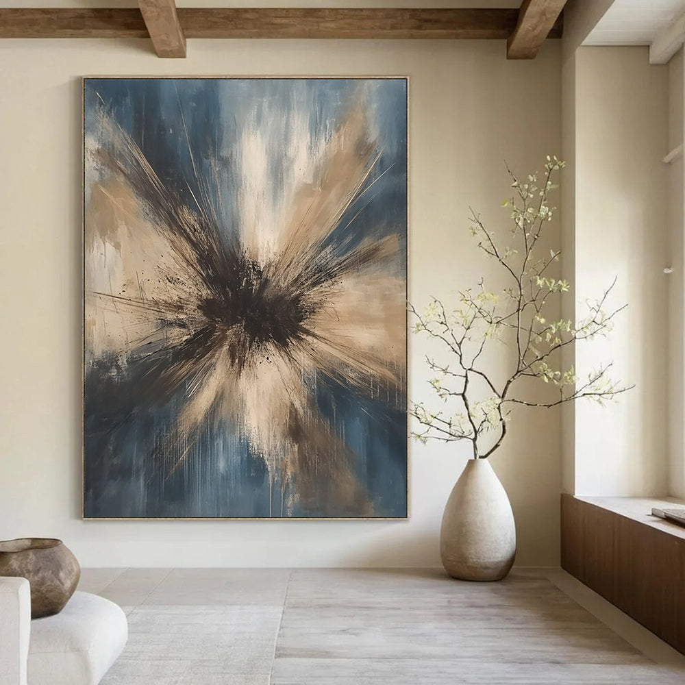 Contemporary hand-painted abstract art featuring an explosion of dark gray beige and white tones against a light blue background with organic strokes. DLZ1187