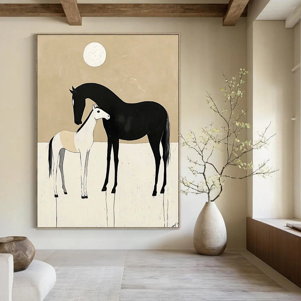 Contemporary abstract art featuring minimalist black and white horses in love against a beige background with a moon. Perfect for modern decor. DLZ1608