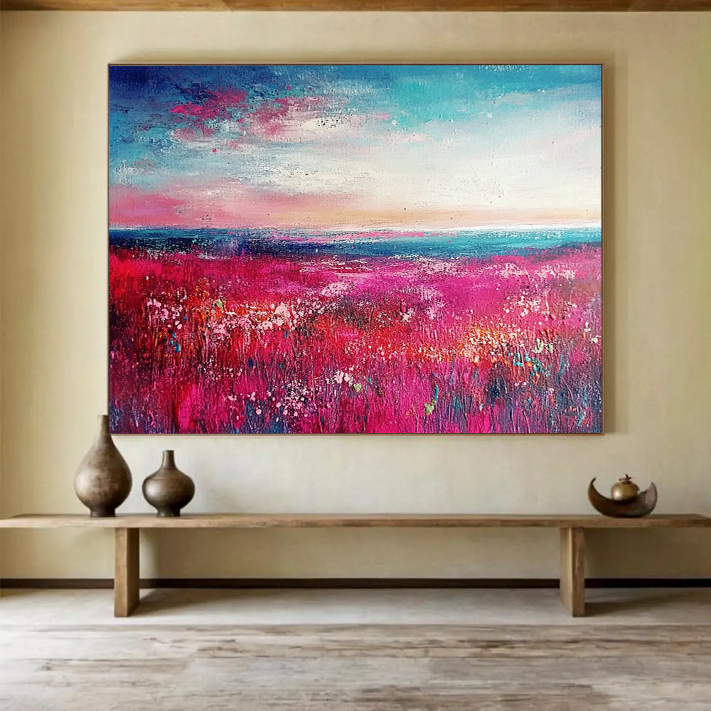 “Pink Meadow Sunset” - Pink, Blue, White, Lush Meadow and Colorful Sky Painting On Canvas HB0943