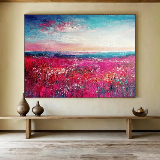 “Pink Meadow Sunset” - Pink, Blue, White, Lush Meadow and Colorful Sky Painting On Canvas HB0943