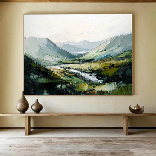 “Impasto Valley Landscape” - Green, Gray, Yellow with Textured Valley - Painting On Canvas HB1401