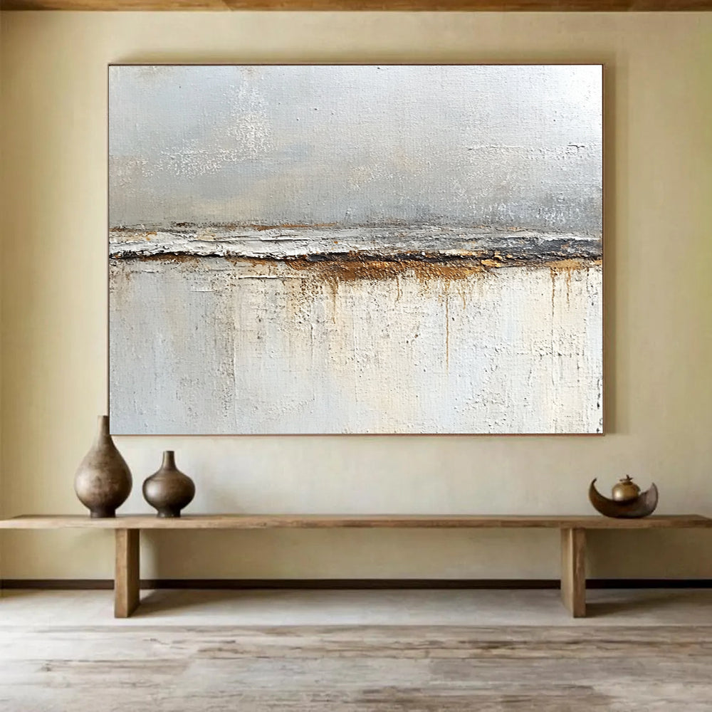 “Textured Gray and Brown Divide” - Gray, brown, white; Textured horizontal divide with drips; Oil Painting On Canvas HB1217