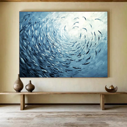 “Blue School of Fish Vortex” - Blue, Fish, Vortex Painting On Canvas HB0756