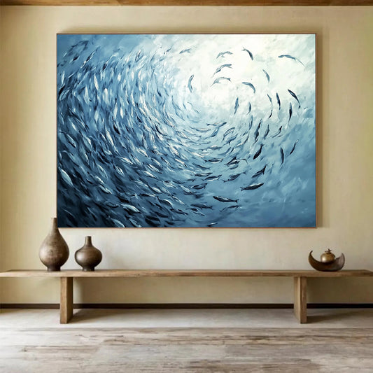 “Blue School of Fish Vortex” - Blue, Fish, Vortex Painting On Canvas HB0756