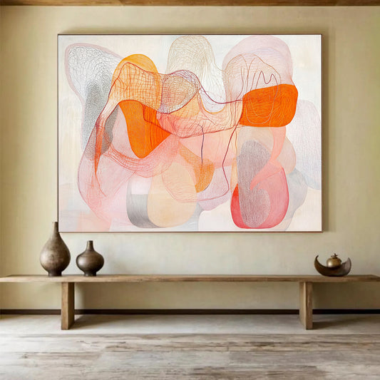 “Colorful Mesh Abstract” - Orange, Pink, Gray with Interwoven Lines - Painting On Canvas HB1367