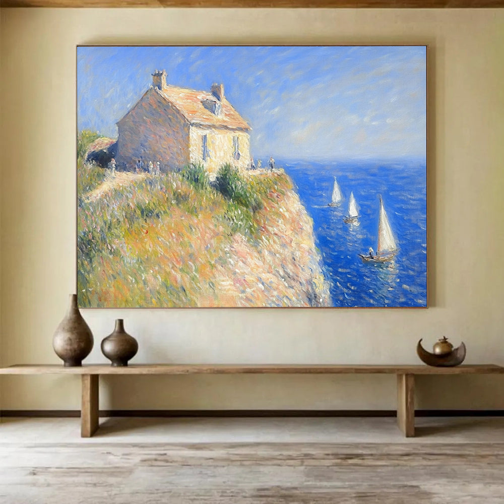 “Claude Monet - Style Seaside” - Blue, beige, seaside house, Impressionist Painting On Canvas HB0563