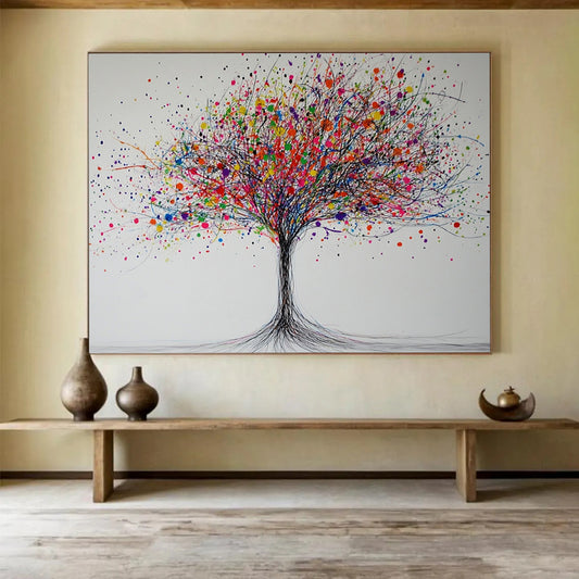 “Color Burst Tree” - Black branches, rainbow splatters, whimsical tree, Abstract Tree Painting On Canvas HB0588