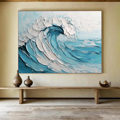 Blue and White Textured Wave "Crashing Serenity" Painting On Canvas HB0419
