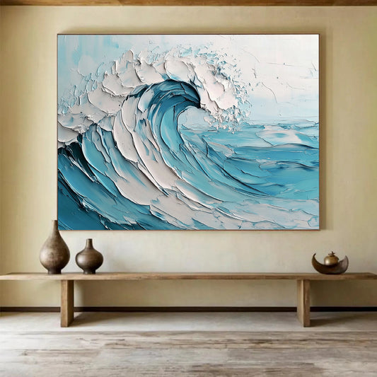 Blue and White Textured Wave "Crashing Serenity" Painting On Canvas HB0419