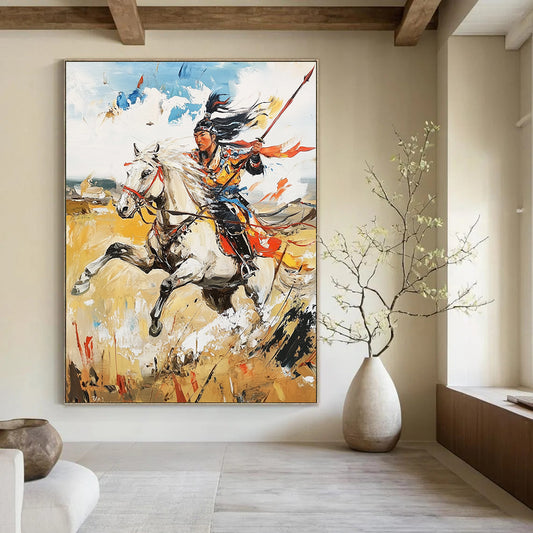 Contemporary abstract painting featuring a Mongolian warrior on horseback with vivid colors and dynamic brushwork set against expansive grasslands. DLZ1655