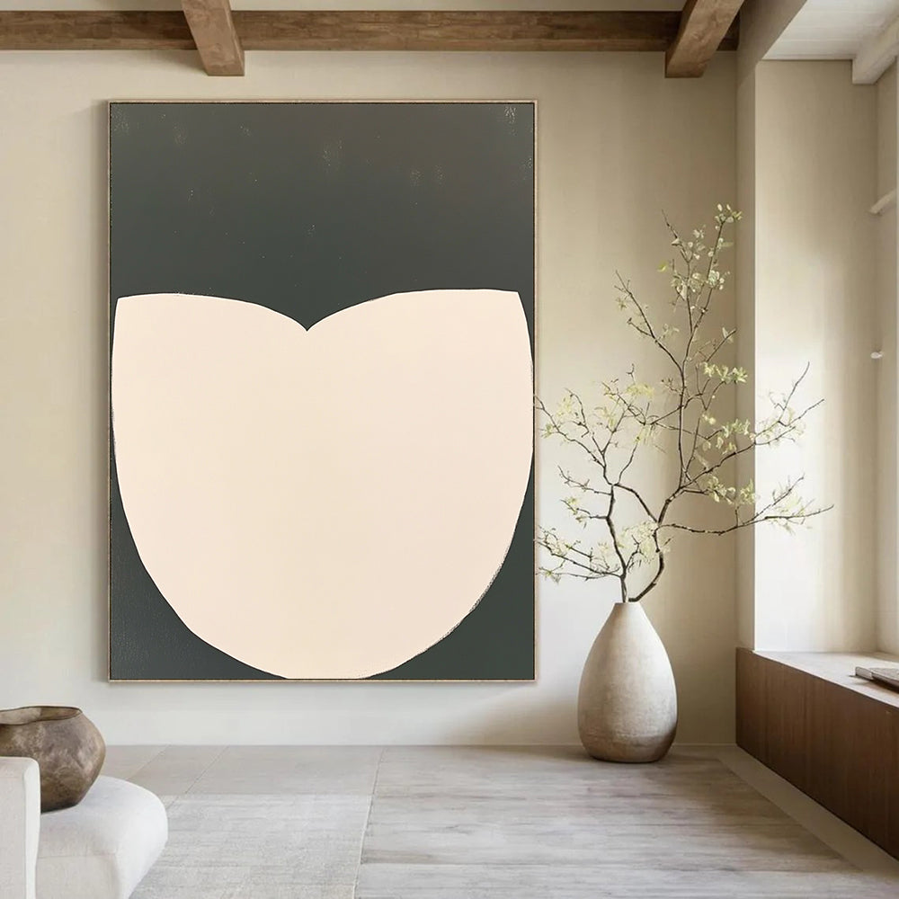 Contemporary abstract artwork featuring white half-circles on a dark gray background emphasizing simplicity and minimalism with clean lines. DLZ1428