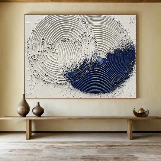 “Textured Circular Abstract” - White, Navy Blue with Raised Circles - Painting On Canvas HB1385