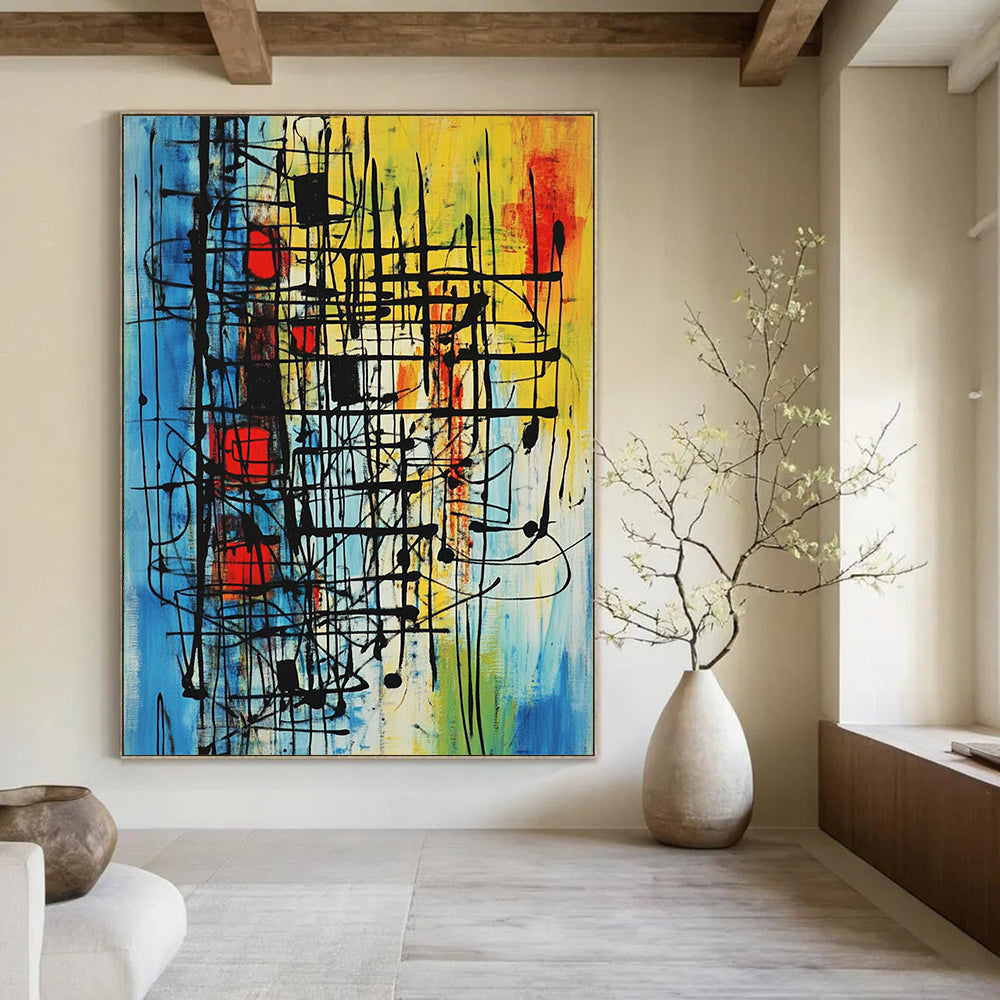 Contemporary abstract painting with vibrant colors and intricate patterns evokes movement and energy through bold lines and geometric shapes. DLZ1028
