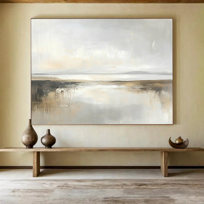 “Soft Gray Coastal Reflection” - Gray, Beige, Subtle Reflections, Minimalist Landscape Painting On Canvas HB0904