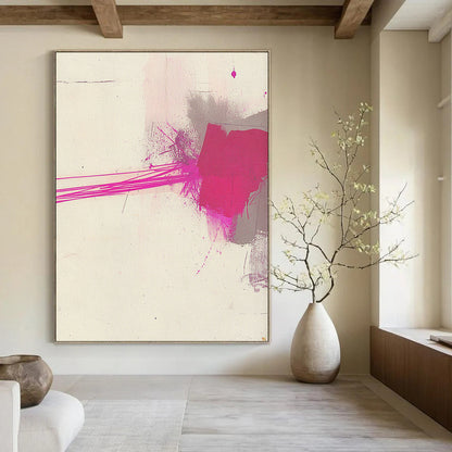 Contemporary hand-painted abstract art features minimalistic brushstrokes with pink and gray ink on textured white paper, highlighted by a thin magenta line. DLZ1519