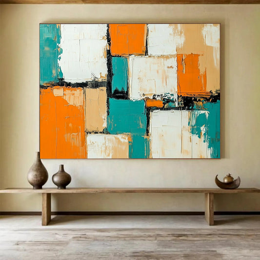 “Colorful Geometric Abstract” - Orange, Teal, Beige, Geometric Abstract Painting On Canvas HB0784