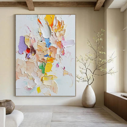Contemporary abstract art featuring light pastels on white canvas with palette knife technique and assembled cut-out pieces for a unique textured effect. DLZ0882