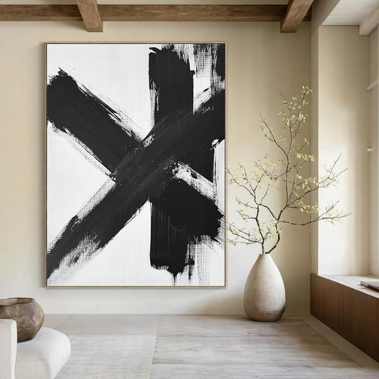 Contemporary large abstract painting featuring black and white brushstrokes dynamic textures and a symmetrical cross-shaped composition on a white background. DLZ1541