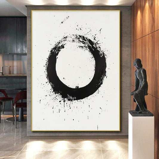 Black Circular Brushstroke with Splatter & Drip - “Classic Enso Expression” Painting On Canvas HB250