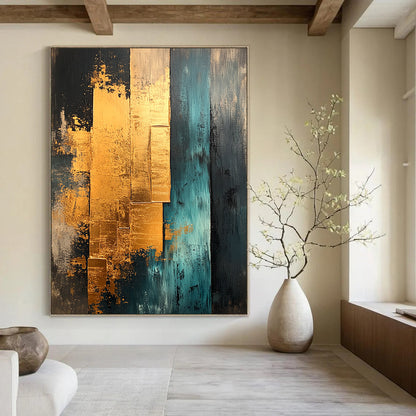 Contemporary abstract painting features gold teal and beige with gold foil edges showcasing layered architectural elements for unique texture and depth. DLZ0851