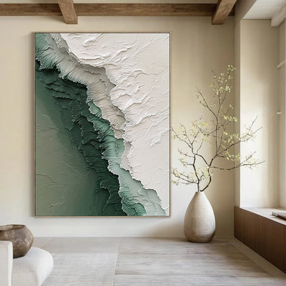 Contemporary hand-painted abstract art featuring intricate Antarctic ice textures with flowing icy streams in white green and gray tones. DLZ1180