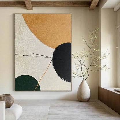Contemporary hand-painted abstract art featuring minimalistic shapes in earthy tones with a calming palette and elegant black lines connecting forms. DLZ1191