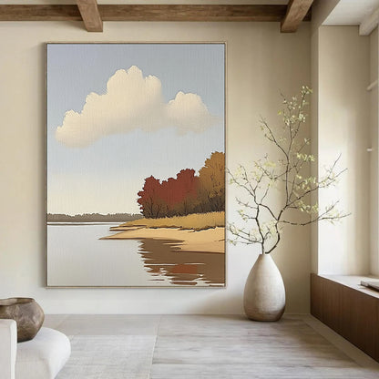 Contemporary hand-painted abstract art featuring a serene river, autumn trees, and light colors on a large canvas, showcasing clear brush strokes and minimalism. DLZ1098