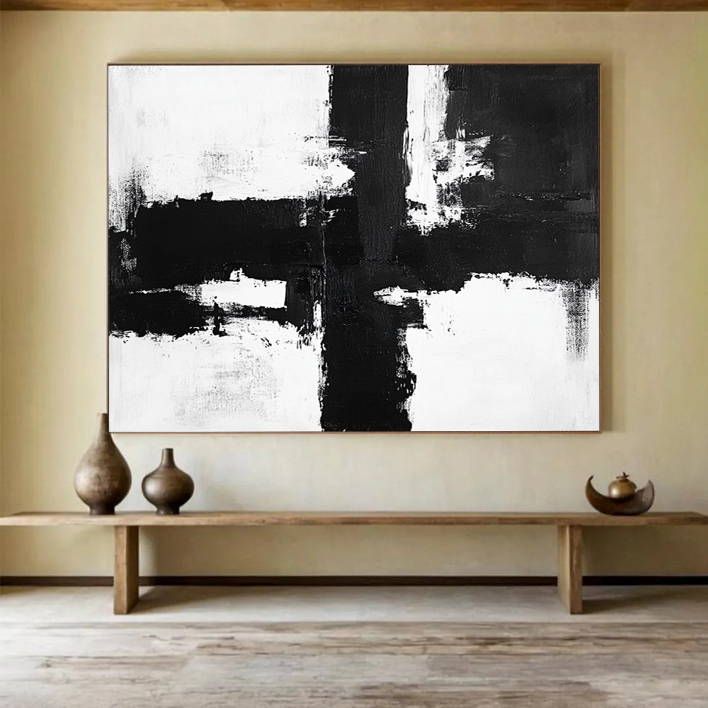 “Bold Black - White Cross Strokes” - Black, White, Dynamic Crosses Painting On Canvas HB0799