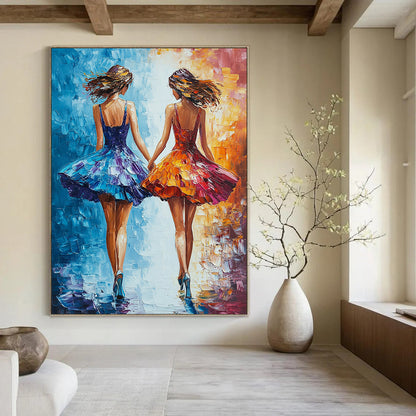 Vibrant contemporary abstract art featuring two friends in colorful dresses walking together creating a joyful and harmonious atmosphere. DLZ1717