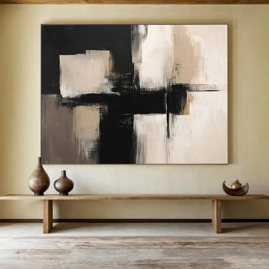 “Monochrome Geometry” - Black, White, Beige, Abstract Forms - Minimalist Acrylic Painting HB1517