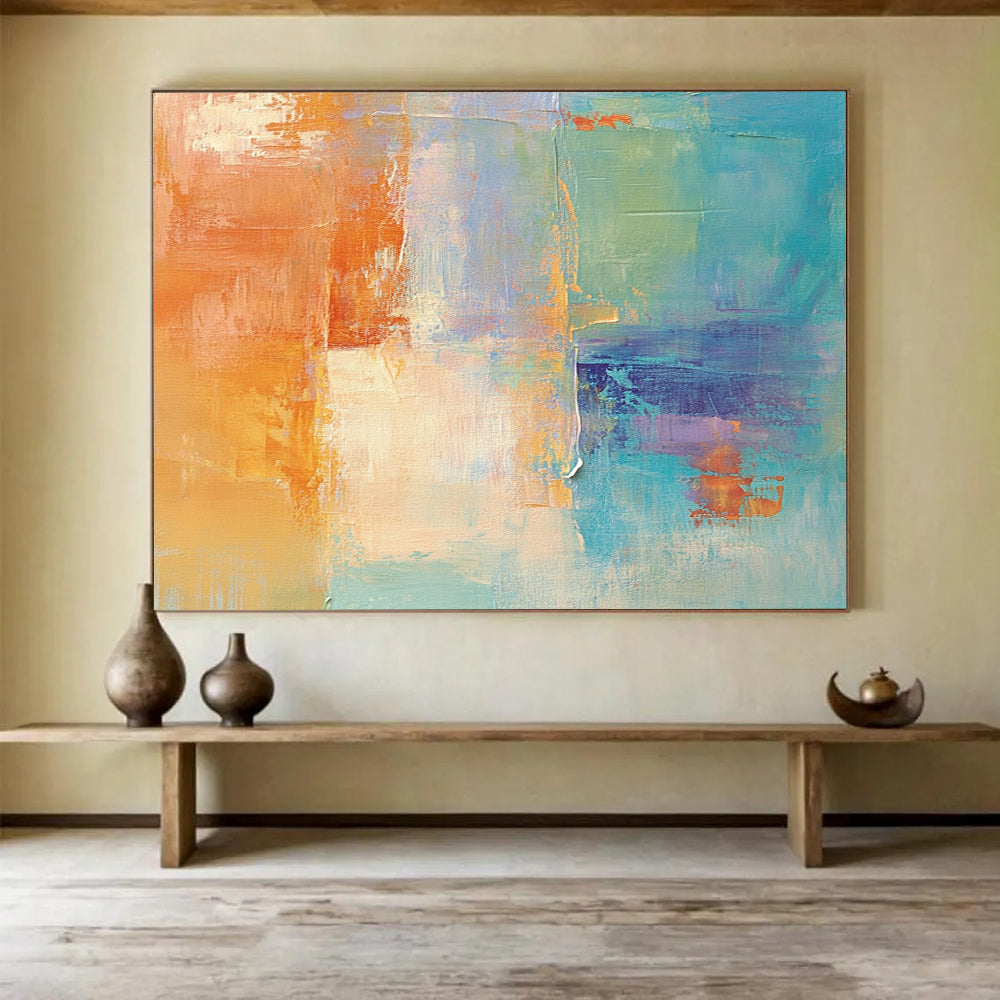 “Colorful Abstract Blend” - Orange, blue, purple, beige; Abstract color - block blend; Acrylic Painting On Canvas HB1276