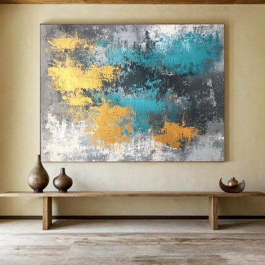 “Gold Teal Gray Abstract Textures” - Gold, teal, gray; Abstract with textured brushstrokes HB1286
