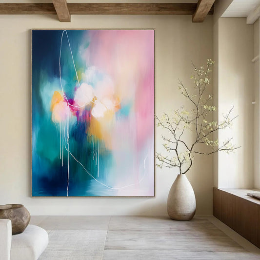 Contemporary abstract painting with soft pink and blue tones, large brush strokes, and white rope-like lines, emphasizing a connection to nature. DLZ1064
