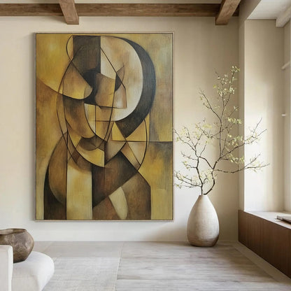 Contemporary hand-painted abstract artwork featuring geometric shapes and earthy tones on a muted yellow background, emphasizing depth and simplicity. DLZ1238