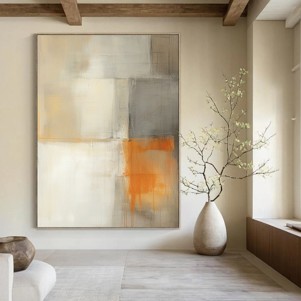 Contemporary hand-painted abstract artwork featuring light gray white and orange hues with a minimalistic building and soft shadows for a tranquil atmosphere. DLZ0986