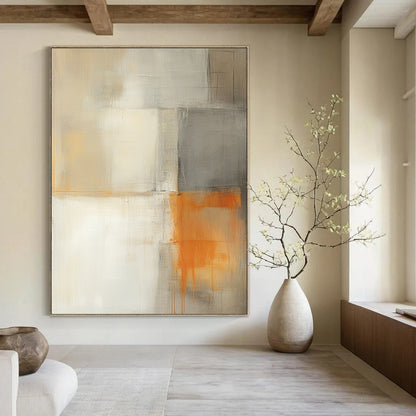 Contemporary hand-painted abstract artwork featuring light gray white and orange hues with a minimalistic building and soft shadows for a tranquil atmosphere. DLZ0986