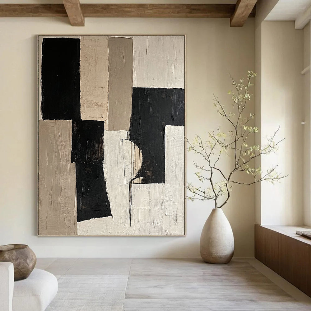 Contemporary abstract artwork featuring black and beige color blocks on a white background with organic shapes in mixed media and fragmented canvas. DLZ0688