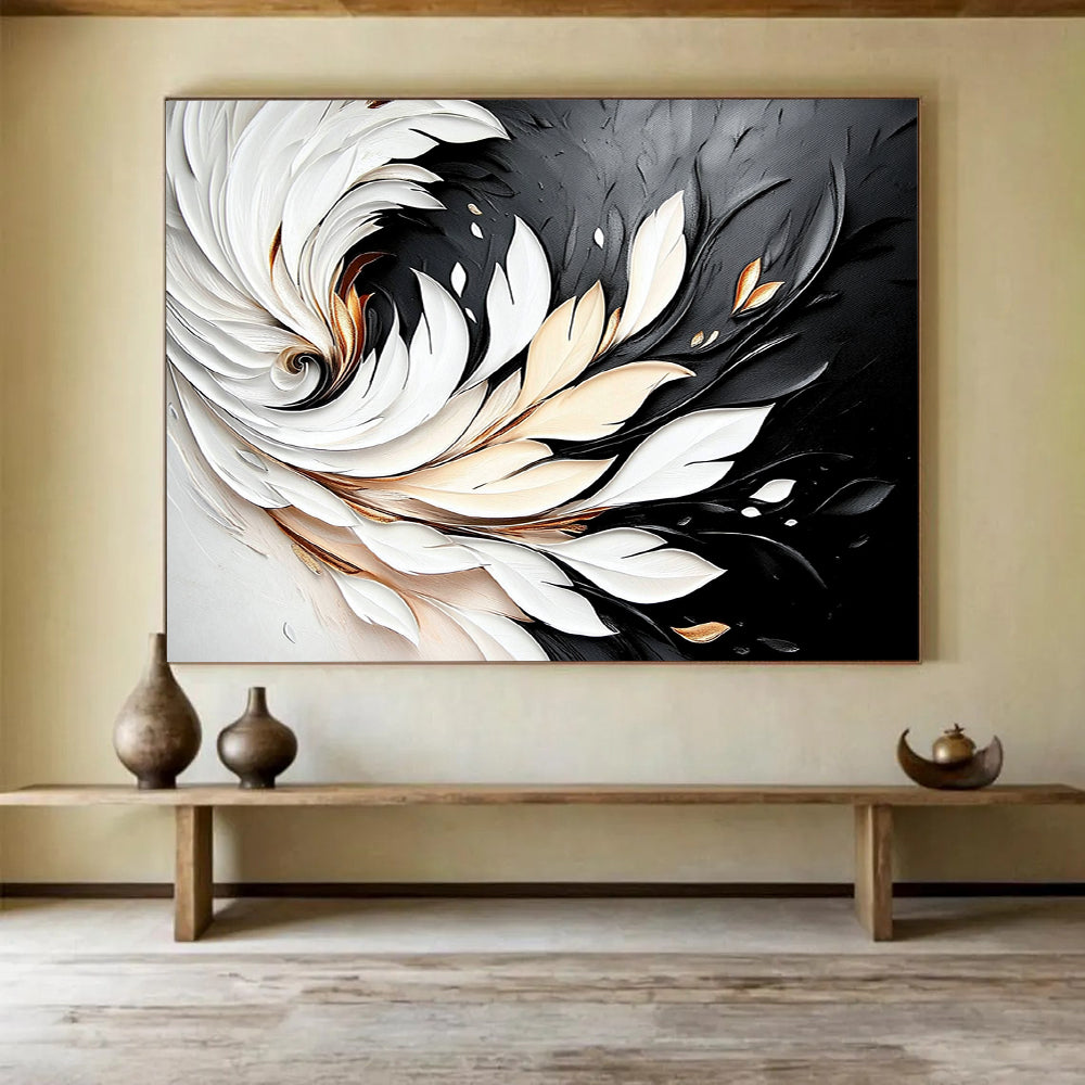 “3D White - Gold Feather Swirl on Black” - White, Gold, 3D Feather Shapes Painting On Canvas HB0796