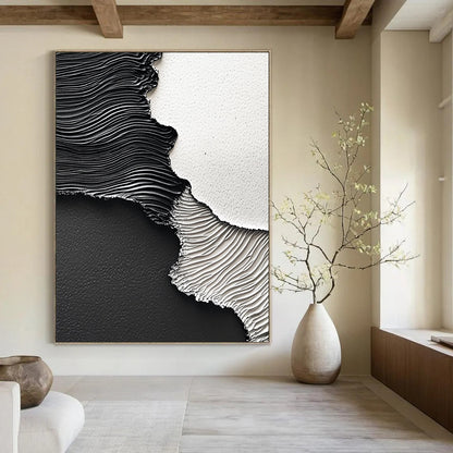Contemporary hand-painted abstract art featuring dynamic black paint waves on textured paper showcasing intricate details and high-resolution depth. DLZ1538